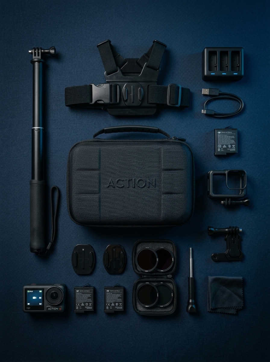 DJI Osmo Action 6 aksesuarları flat-lay