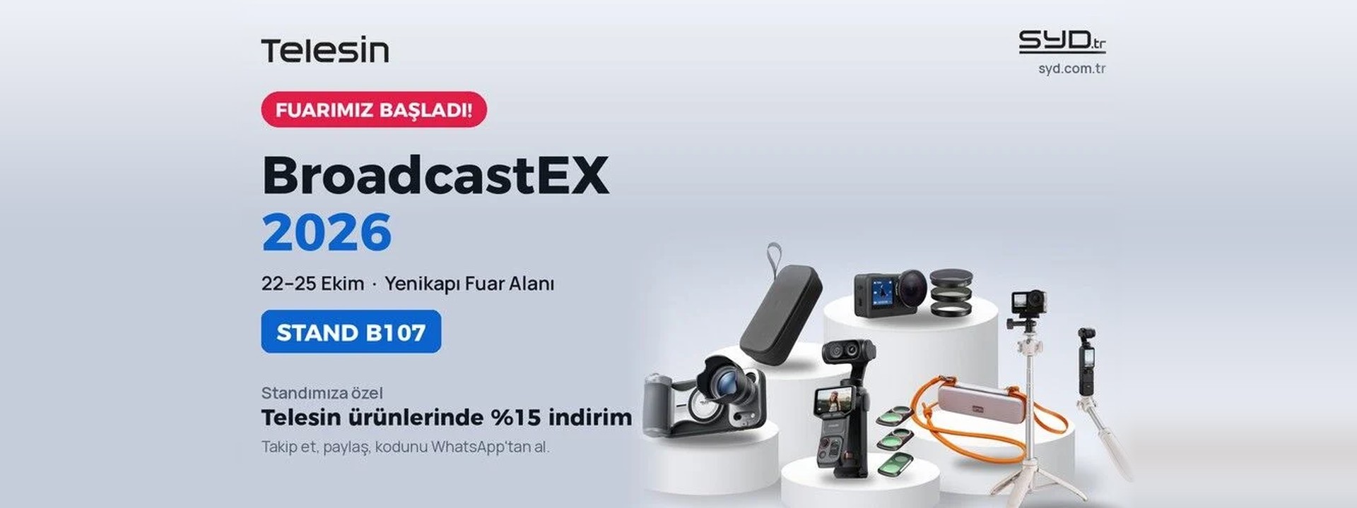 BroadcastEX 2026 — Stand B107 · Telesin ürünlerinde %15 indirim